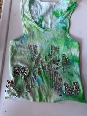 Luxe Festival Wear OAK Tie-Dye Green Tank Top with Rhinestone X logo & hardware